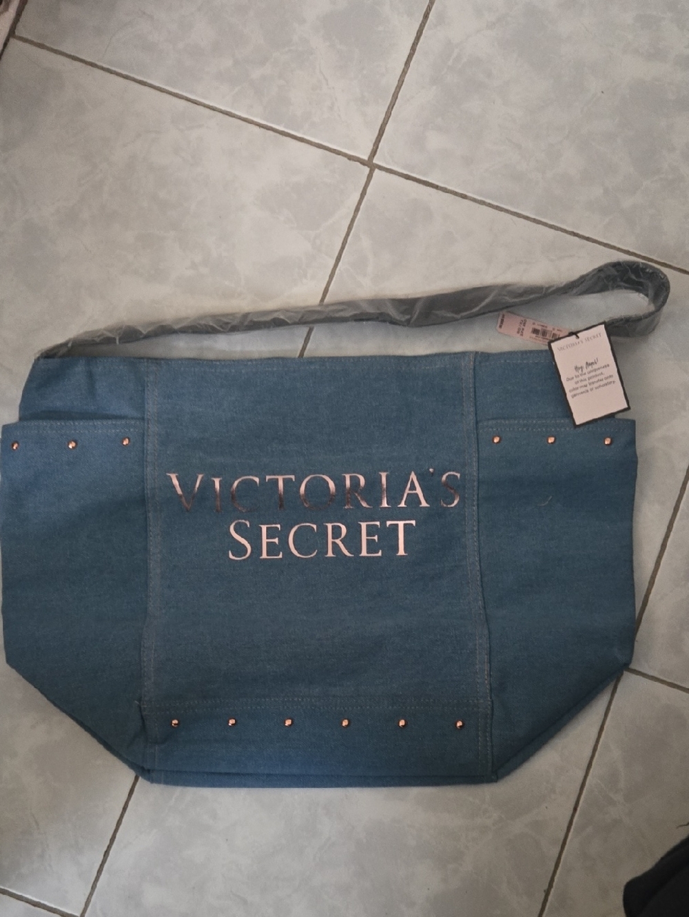 Victoria's Secret Denim Blue Tote with Rose Gold Logo